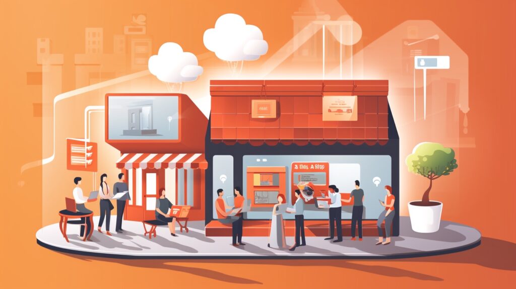 Vibrant small business scene with increased customer traffic, highlighted by glowing social media icons and digital marketing tools, depicting the impactful role of a digital marketing agency in the background.